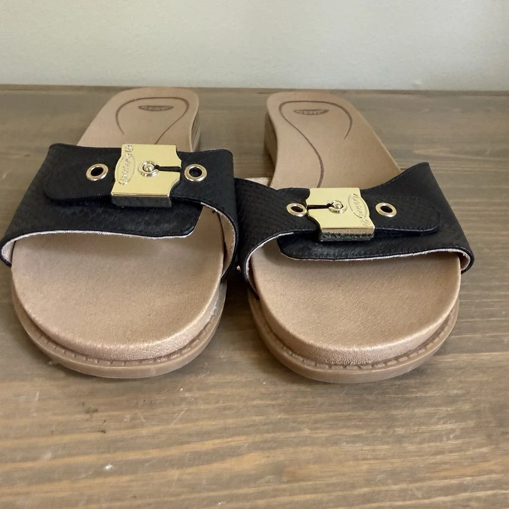 Dr. Scholls Womens 9M Black Gold Buckle Originalist Slip On Slide Sandals Flat
